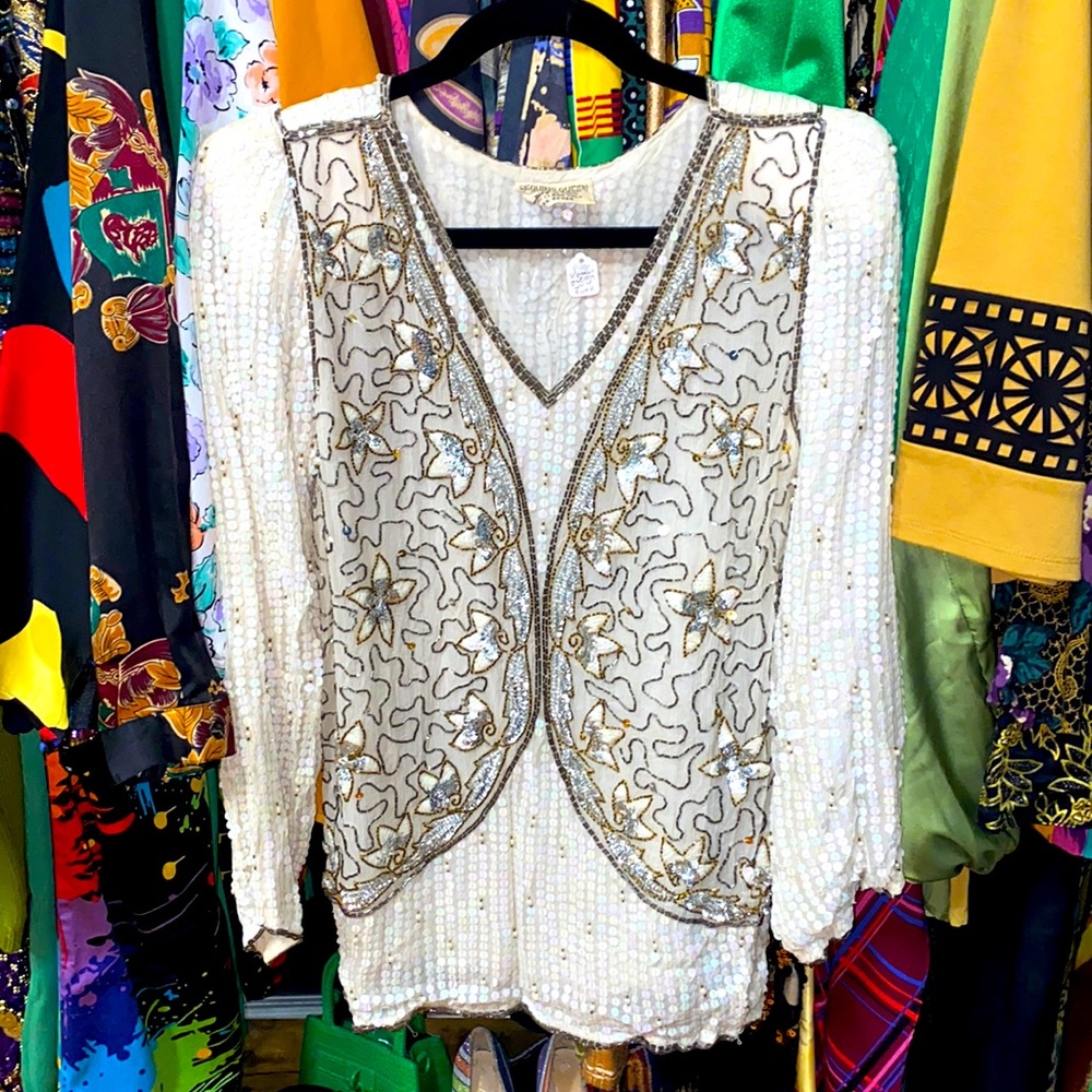 Gorgeous Vintage Sequins Queen Cream Silk Full Sequin and Beaded Vest Blouse